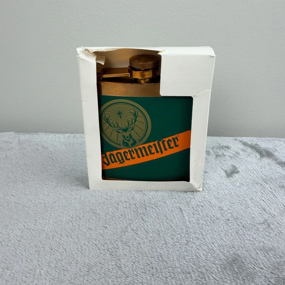 Jagermeister‎ Gold Tone and Green Stainless Steel Hip Flask with Logo and Box